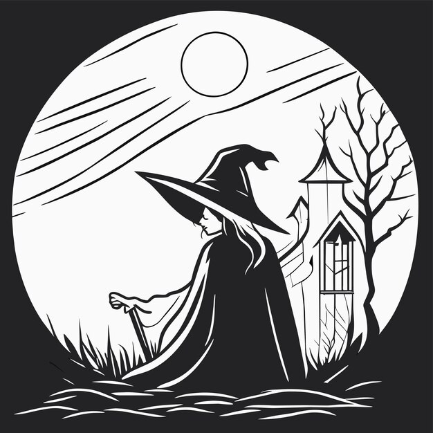 Vector halloween night background with witch hand drawn flat stylish cartoon sticker