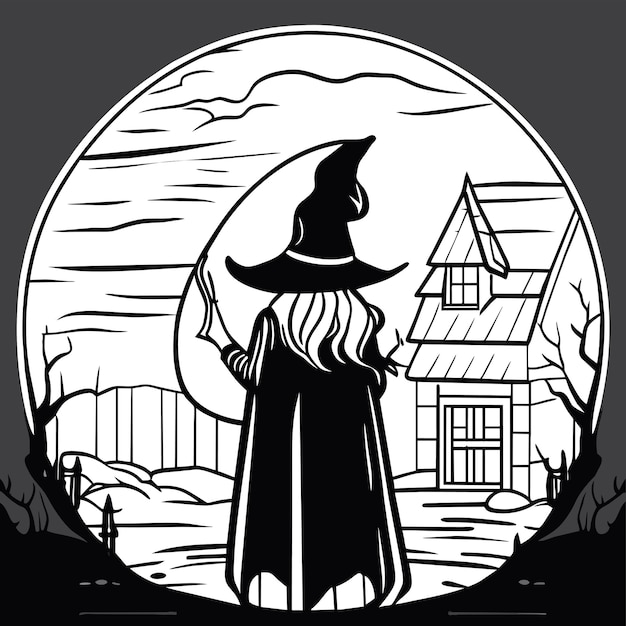 Vettore sfondi notturni di halloween con adesivo di cartone animato elegante disegnato a mano da una strega