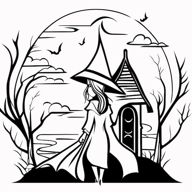 Vector halloween night background with witch hand drawn flat stylish cartoon sticker