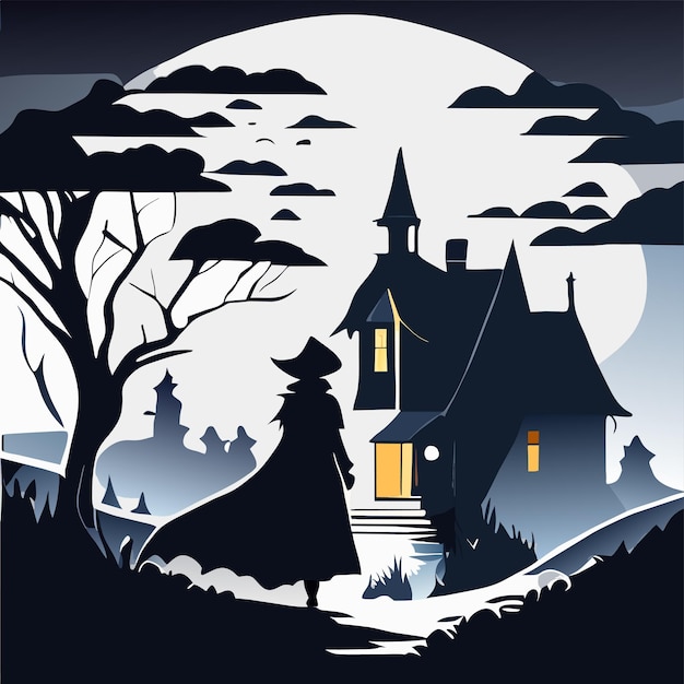 Halloween night background with witch hand drawn flat stylish cartoon sticker