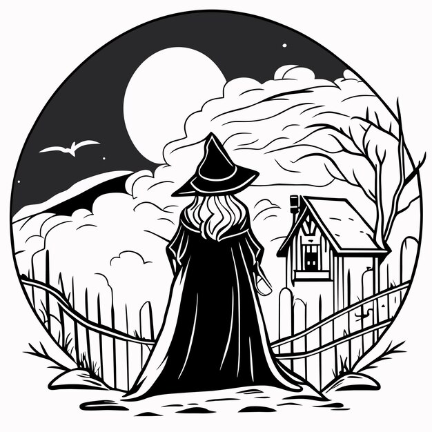 Halloween night background with witch hand drawn flat stylish cartoon sticker