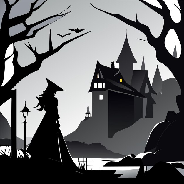 Halloween night background with witch hand drawn flat stylish cartoon sticker