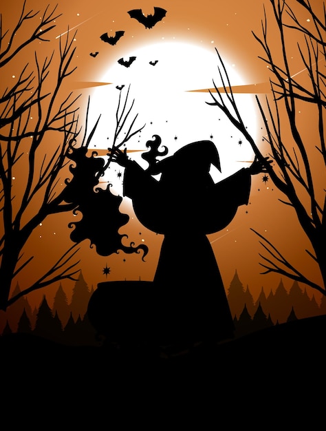 Vector halloween night background with witch silhouette