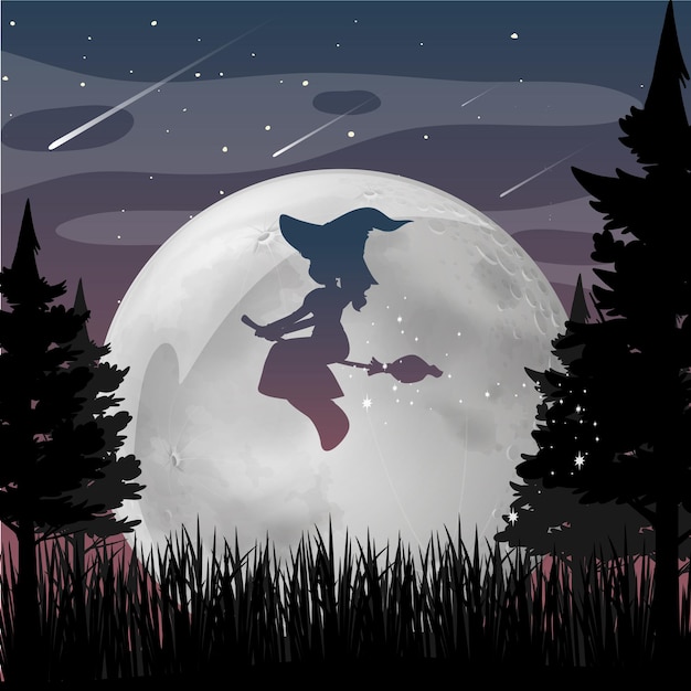 Vector halloween night background with witch silhouette