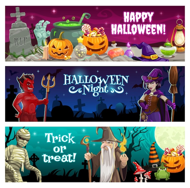 Halloween night banners with treats and monsters