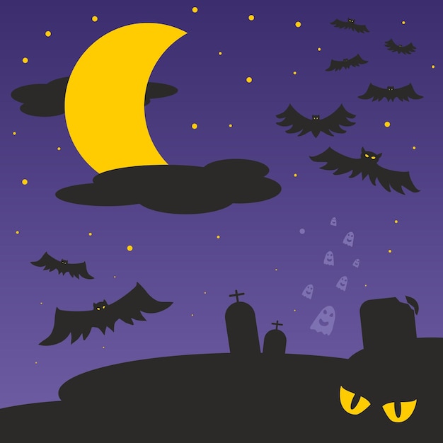 Vector halloween night. bats, ghosts and a big moon over the cemetery