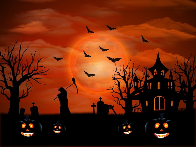 Halloween night celebration design with ghost house and pumpkins vector illustration