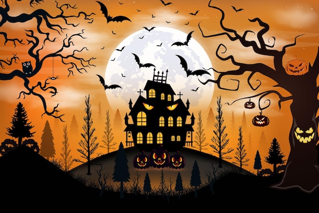 Vector halloween night celebration illustration with halloween pumpkins bat moon and ghost house vector