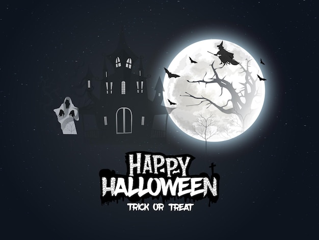 Иллюстрация празднования ночи Хэллоуина с вектором замка с привидениями и Happy Halloween