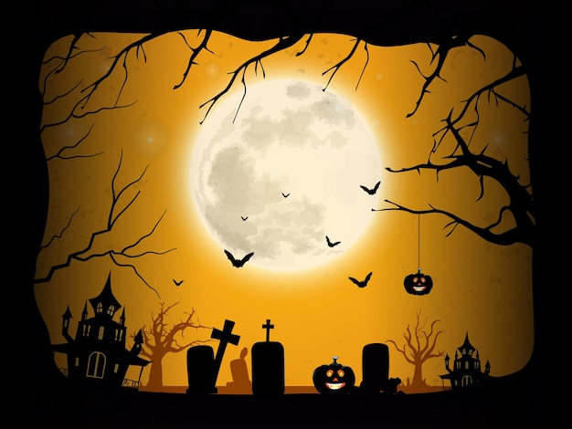 Halloween night design with ghost house and pumpkins vector illustration