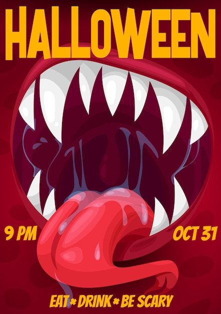 Halloween night horror party poster of screaming monster with vampire mouth