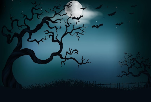 Illustrazione di notte di halloween con croci del cimitero del castello scuro, alberi morti e pipistrelli.04