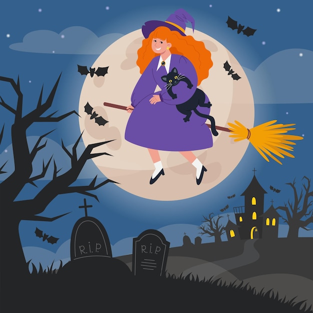 Halloween night landscape illustration with tombstones, witch on broomstick and full moon