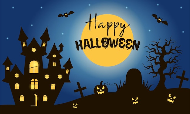 Paesaggio notturno di halloween con castello spaventoso e cimitero con zucche happy halloween lettering