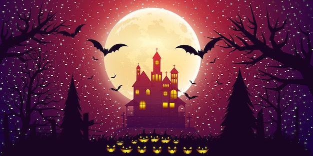 Vector halloween night moon composition with glowing pumpkins vintage castle and bats flying over cemetery flat