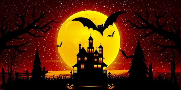 輝くカボチャのヴィンテージの城と墓地のフラットの上を飛んでいるコウモリとハロウィーンの夜の月の構成