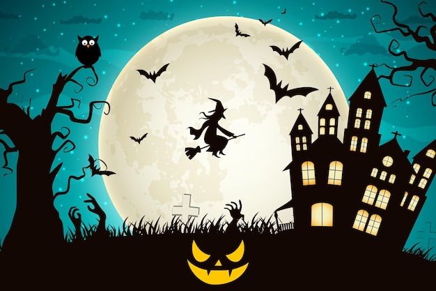 Halloween night moon composition with a Witch,an Owl, a vintage castle, and bats flying flat vector