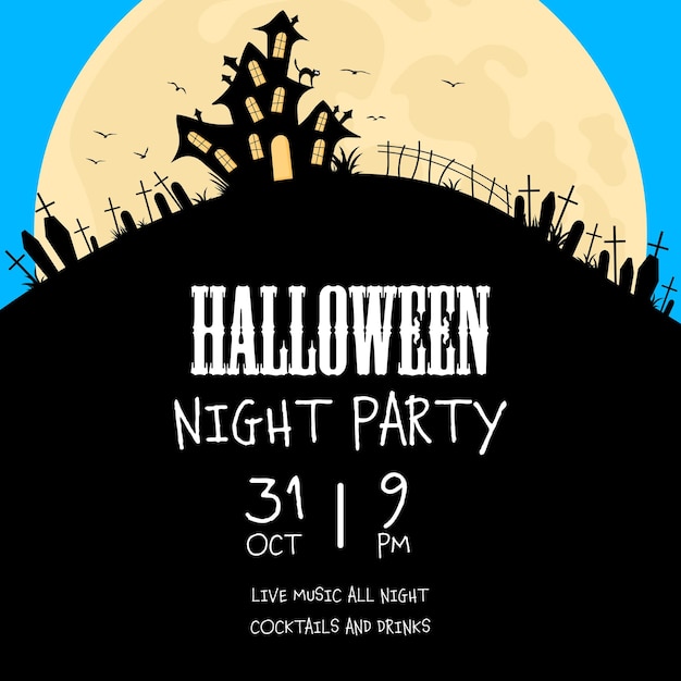 Halloween night party banner with witch's house, cemetery and grave crosses on a hill with moon.