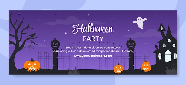 Halloween night party facebook cover template hand drawn cartoon flat illustration