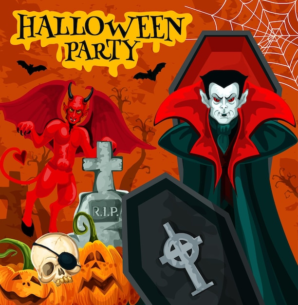 Плакат вечеринки в честь хэллоуина с вампиром ужасов