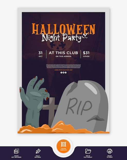 Vector halloween night party poster with zombie grave elements for halloween celebration party invitation