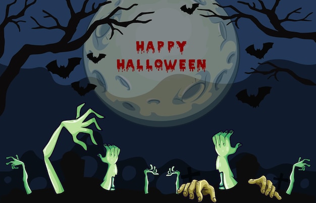 Cartellonistica per la notte di halloween con mani di zombie