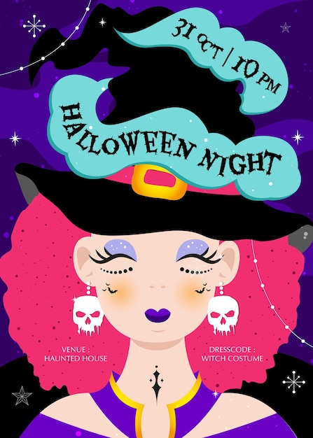 Halloween night poster event with beautiful woman illustration