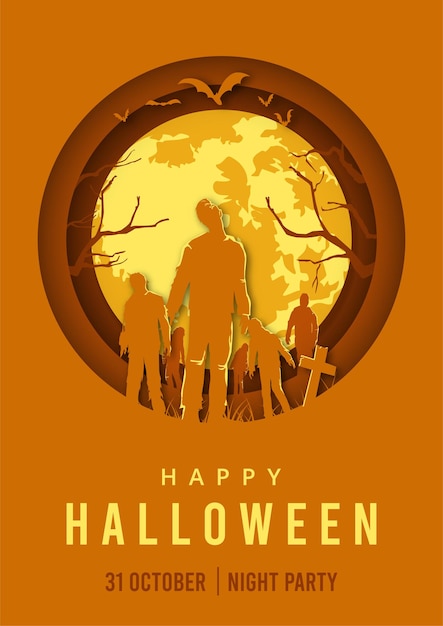 Manifesto della notte di halloween, silhouette di zombie che camminano, stile carta tagliata.