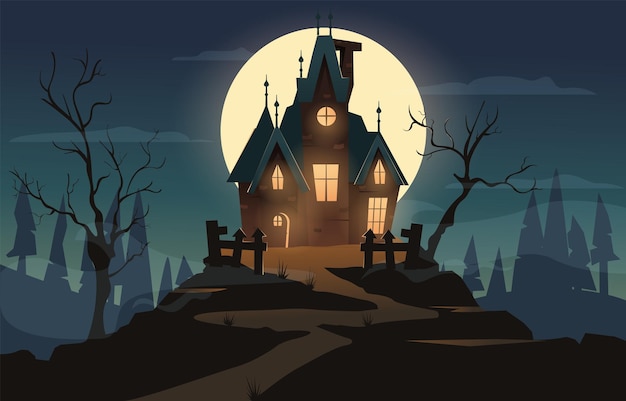 Halloween night scene with haunted house