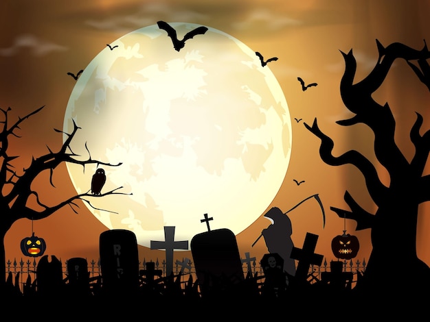 Vector halloween night scene with a nice moon and pumpkin background