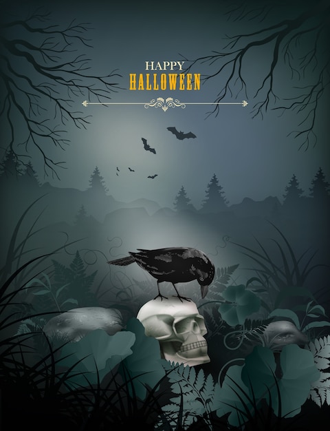 Vector halloween night scene with skull