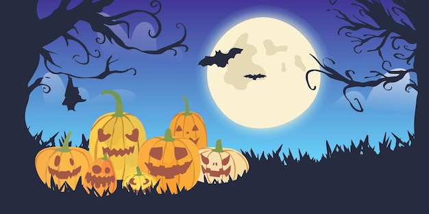 Halloween night spooky background with pumpkins