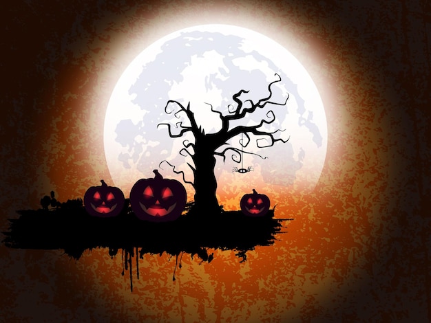 Halloween night spooky landscape background with hunted house, graves, pumpkins and flying bats.