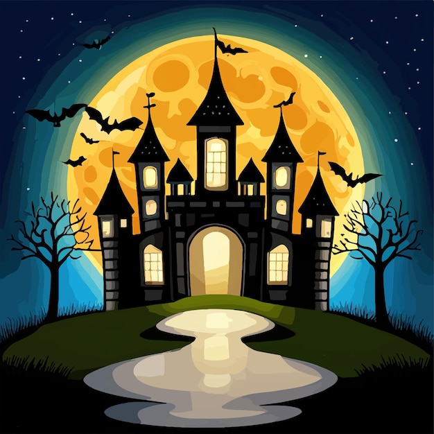 Halloween night with black silhouette castle on road and bats against background of the moon