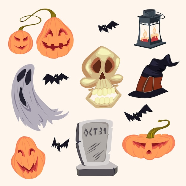 Объекты Хэллоуина. Хэллоуин с летучими мышами, тыквой, черепом в шляпе, призраком и свечами