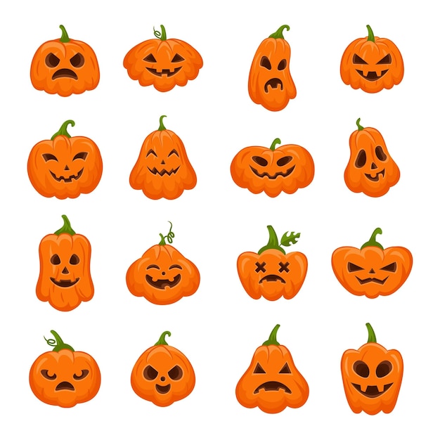 ハロウィン 10 月 カボチャ ハッピー ジャック ランタン 笑顔 顔 楽しい 恐怖 休日 さまざまな形 野菜 面白いと邪悪な目と口の休日の装飾的な要素 ベクトル漫画フラット セット