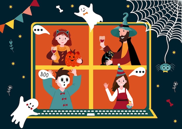 Интернет-вечеринка на хэллоуин виртуальная встреча группа празднует люди в костюмах проводят видеоконференцию