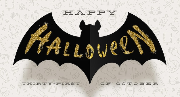 Halloween-ontwerp. glitter gouden groet op een silhouet van zwarte papieren vleermuis.