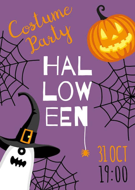 Halloween-ontwerp Invitation of greeting card Banner sjabloon Platte stijl Leuke personages Geest in hoed