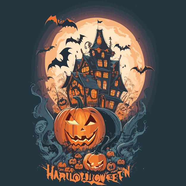 Halloween-ontwerp met spookhuis en pompoenen illustratie