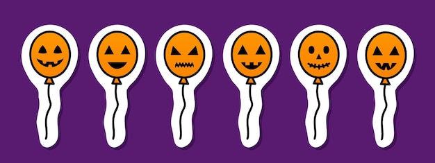 Halloween orange balloons with spooky faces halloween decoration vector sticker set