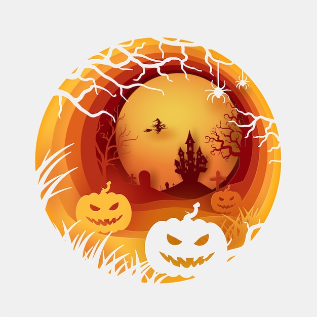 Halloween orange circle template in paper cut concept with witch, pumpkin and castle.