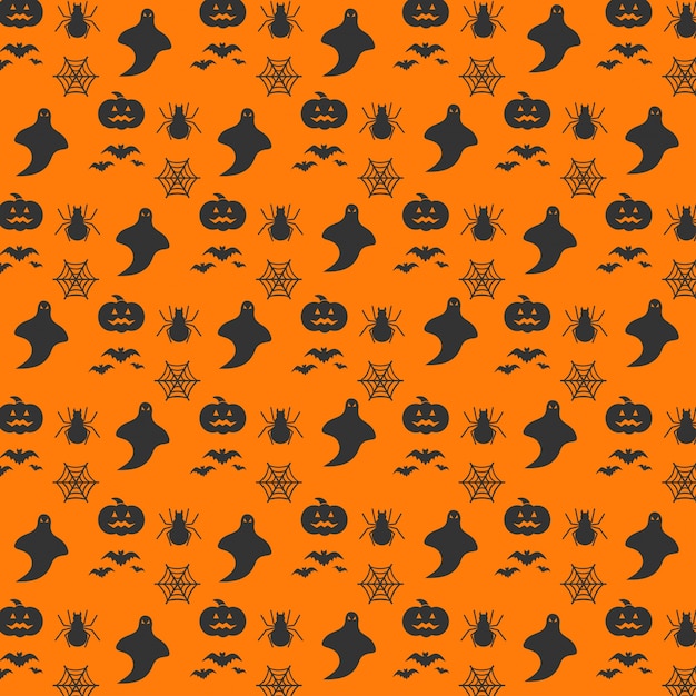 Halloween orange festive seamless pattern. endless background with pumpkins, skulls, bats, spiders, ghosts, bones, candies, spider web