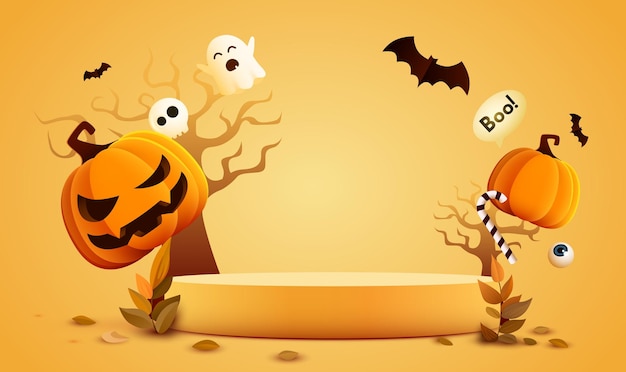 Подиум для демонстрации оранжевых продуктов Хэллоуина с тыквами, летучими мышами и призраками. Векторная иллюстрация