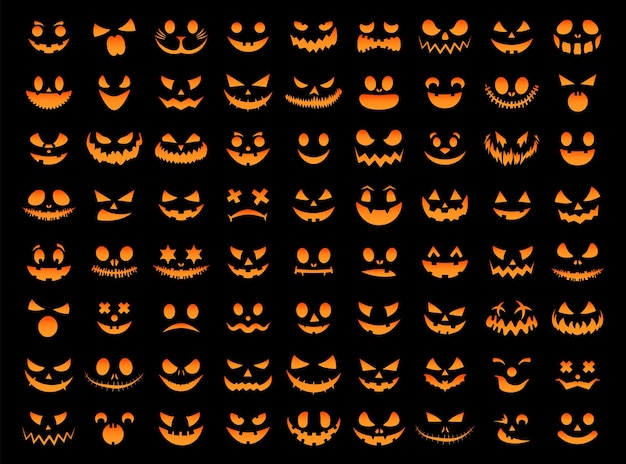 Vector halloween orange smiley face set black spooky pumpkins design for the holiday halloween