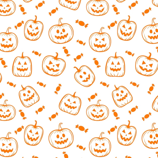 Halloween oranje feestelijke naadloze patroon Eindeloze achtergrond met pompoenen snoepjes