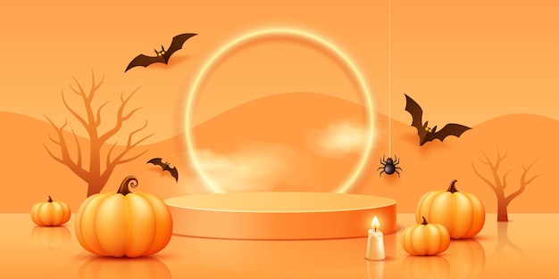 Halloween Oranje podium 3D realistische pompoenen kaars en vleermuis vliegende bomen spinnenwebbanner
