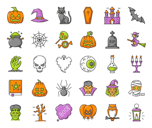 Halloween outline ghost pumpkin and witch icons