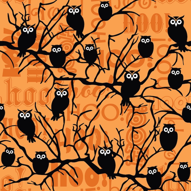 Vector halloween owls on black tree branches seamless pattern with hoo text background halloween vector