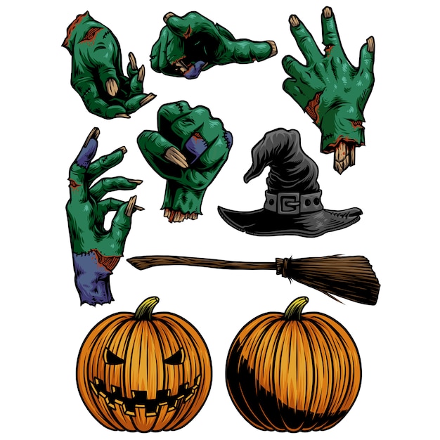 Vector halloween-pakket met zombiehanden en gesneden pumpinks